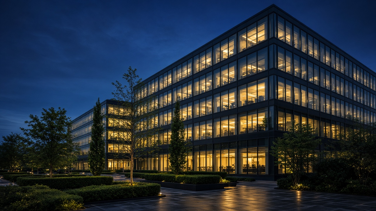 A lit office building at dusk