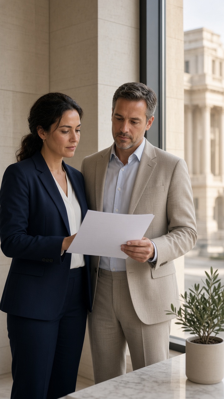 Two colleagues reviewing a document beside a government building