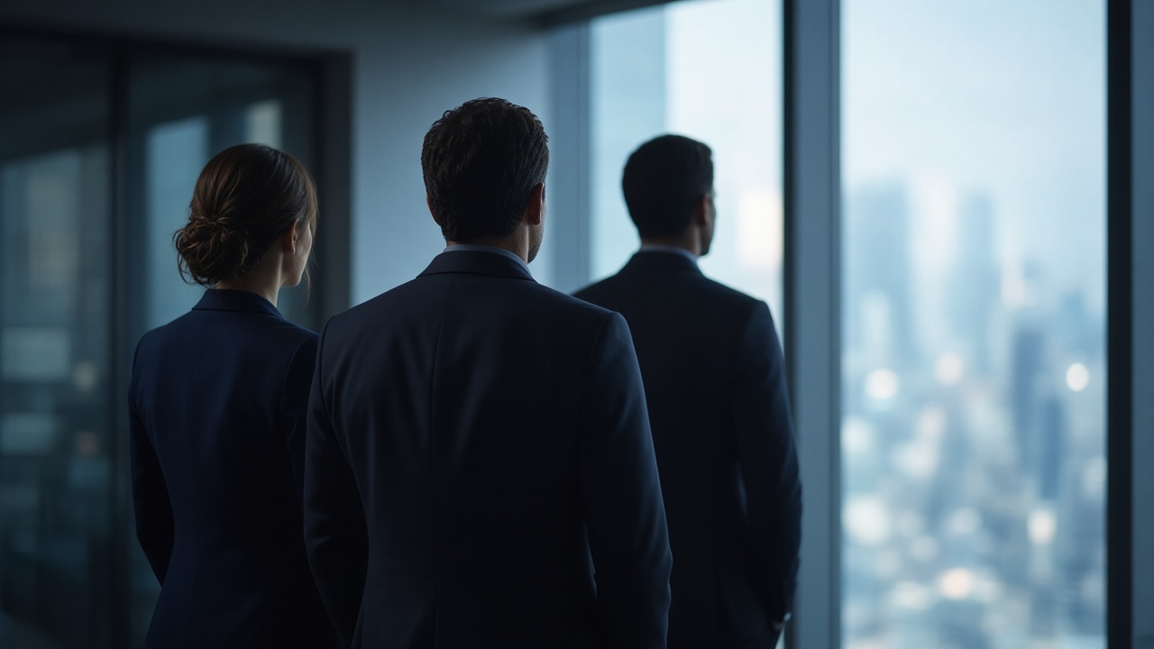 Three colleagues looking across a city skyline
