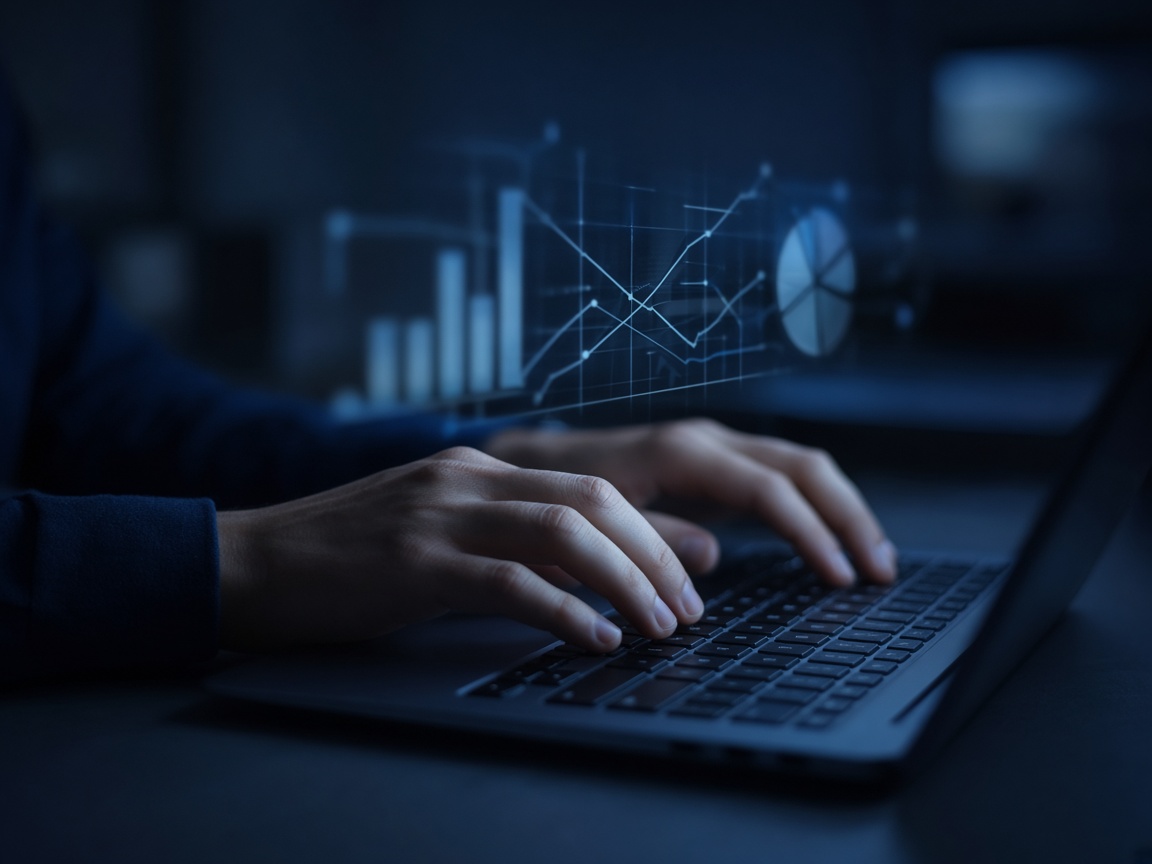 An analyst working at a laptop with charts on the screen